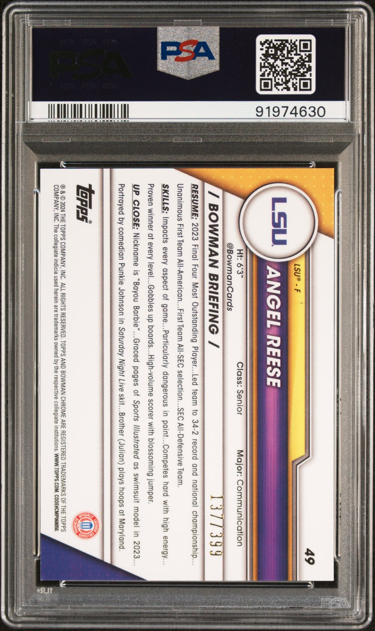 Graded 2023 Topps Bowman U Chrome Angel Reese #49 Purple #/399 Rookie RC Basketball Card PSA 10 Gem Mint