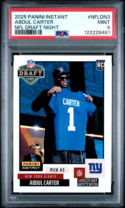 Graded 2025 Panini Instant Abdul Carter #NFLDN3 NFL Draft Night Rookie RC Football Card PSA 9 Mint