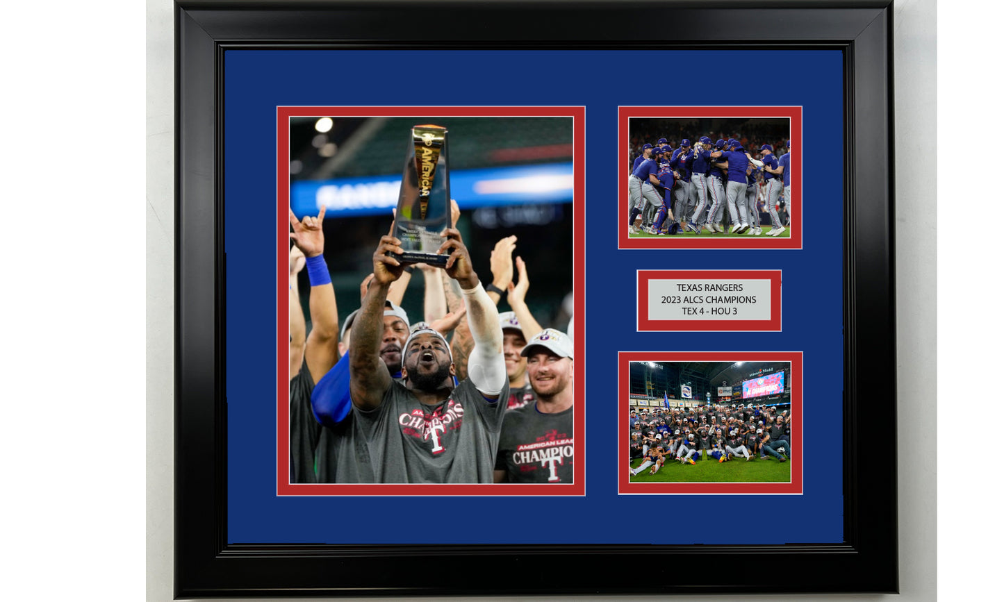 Framed Texas Rangers 2023 ALCS Champions Facsimile Laser Engraved Signature Baseball 14x11 3 Photo Collage