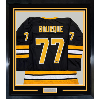 Framed Facsimile Autographed Ray Bourque 35x39 Boston Black Reprint Laser Auto Hockey Jersey