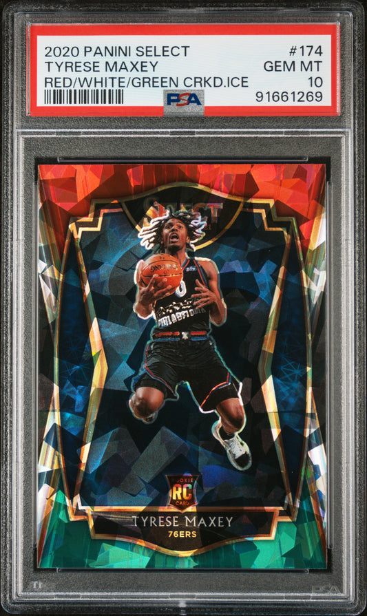 Graded 2020 Panini Select Tyrese Maxey #174 Red/White/Green Cracked Ice Rookie RC Basketball Card PSA 10 Gem Mint