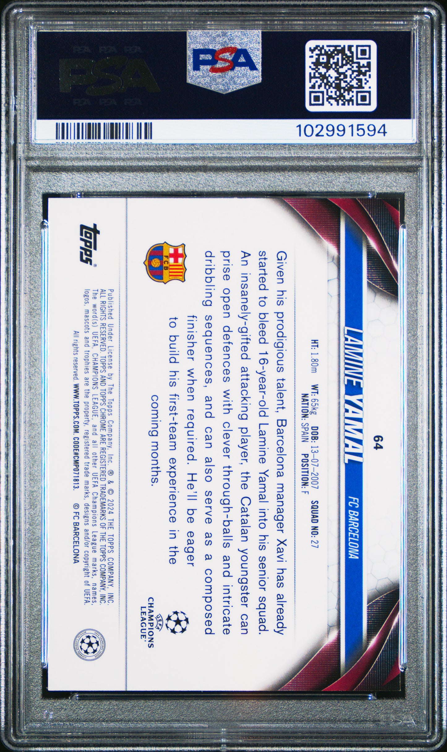 Graded 2023 Topps Chrome UCC Lamine Yamal #64 Rookie RC Soccer Card PSA 9 Mint