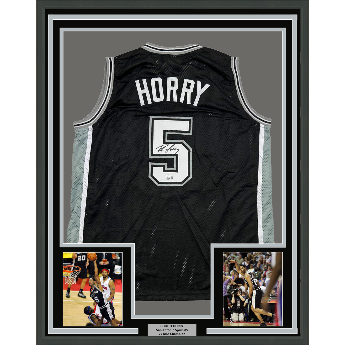 Framed Autographed/Signed Robert Horry 35x39 San Antonio Black Basketball Jersey Beckett BAS COA