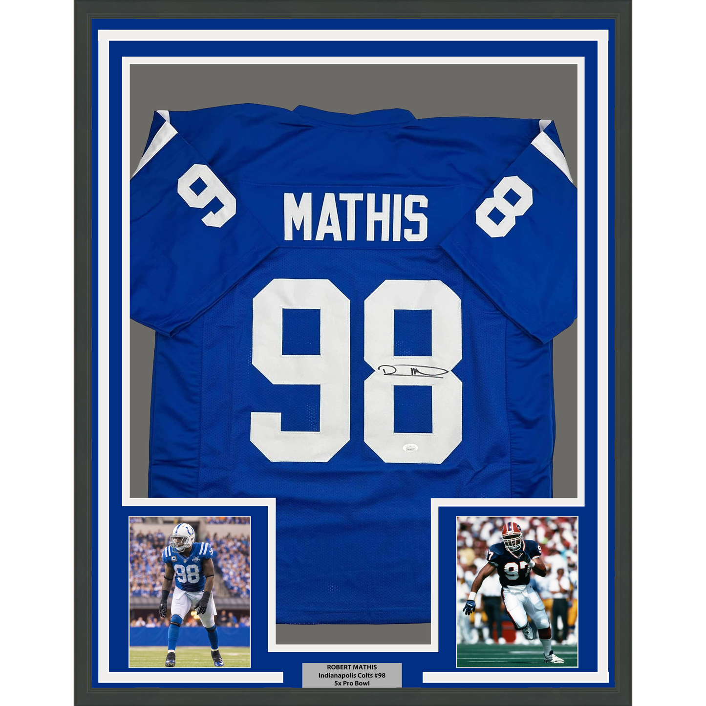 Framed Autographed/Signed Robert Mathis 35x39 Indianapolis Blue Football Jersey JSA COA
