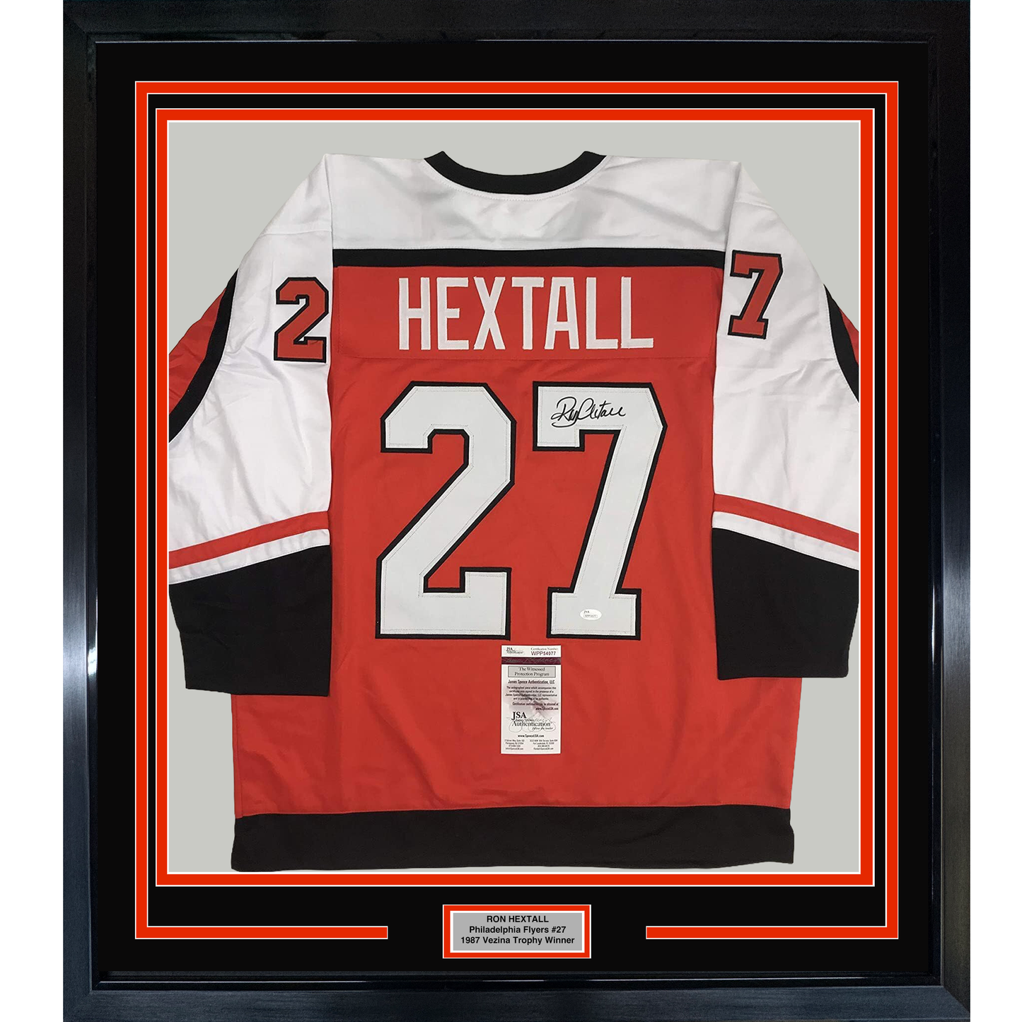 Framed Autographed/Signed Ron Hextall 35x39 Philadelphia Orange Hockey Jersey JSA COA