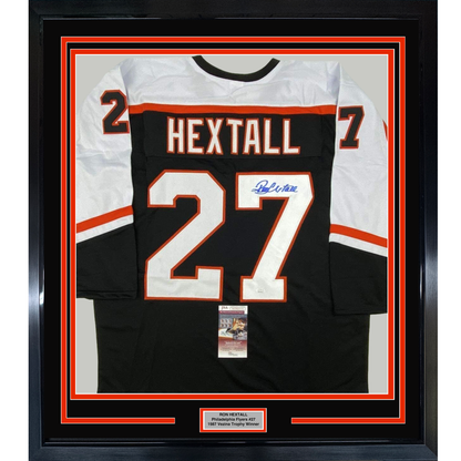 Framed Autographed/Signed Ron Hextall 35x39 Philadelphia Black Hockey Jersey JSA COA