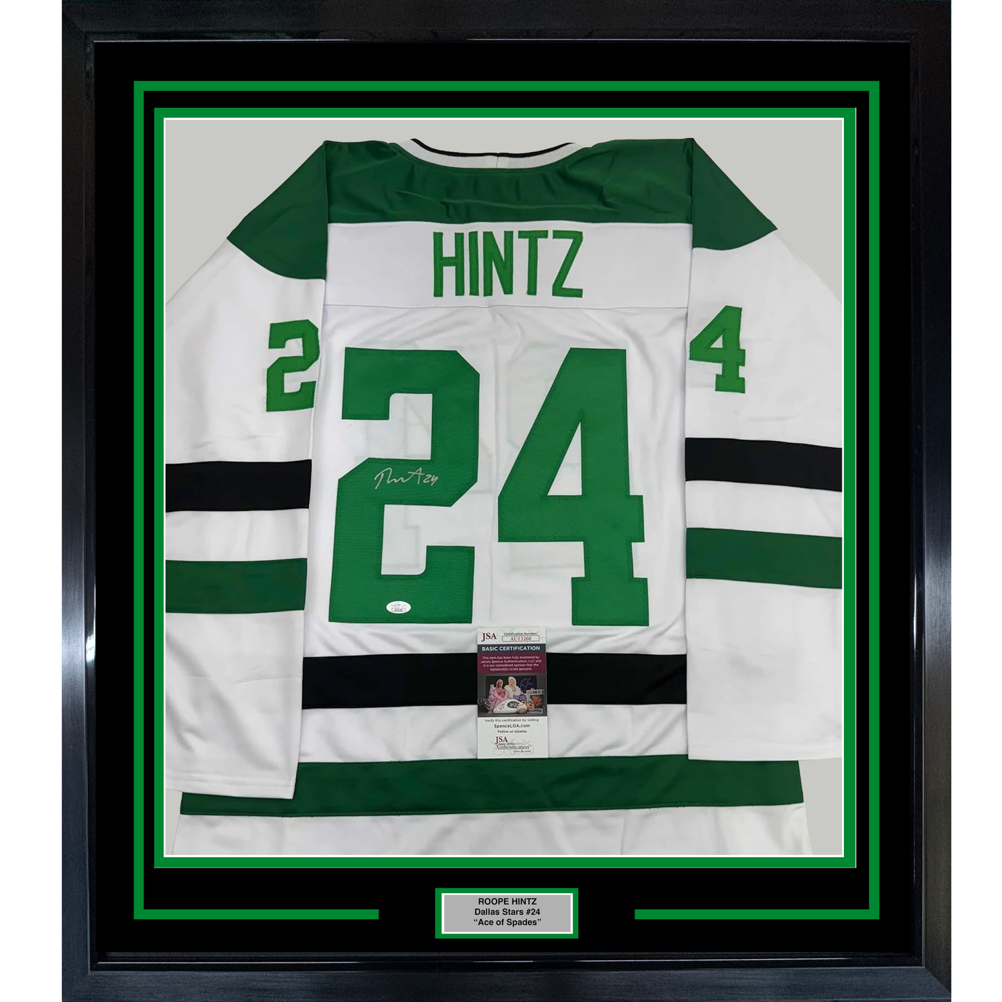Framed Autographed/Signed Roope Hintz 35x39 Dallas White Hockey Jersey JSA COA