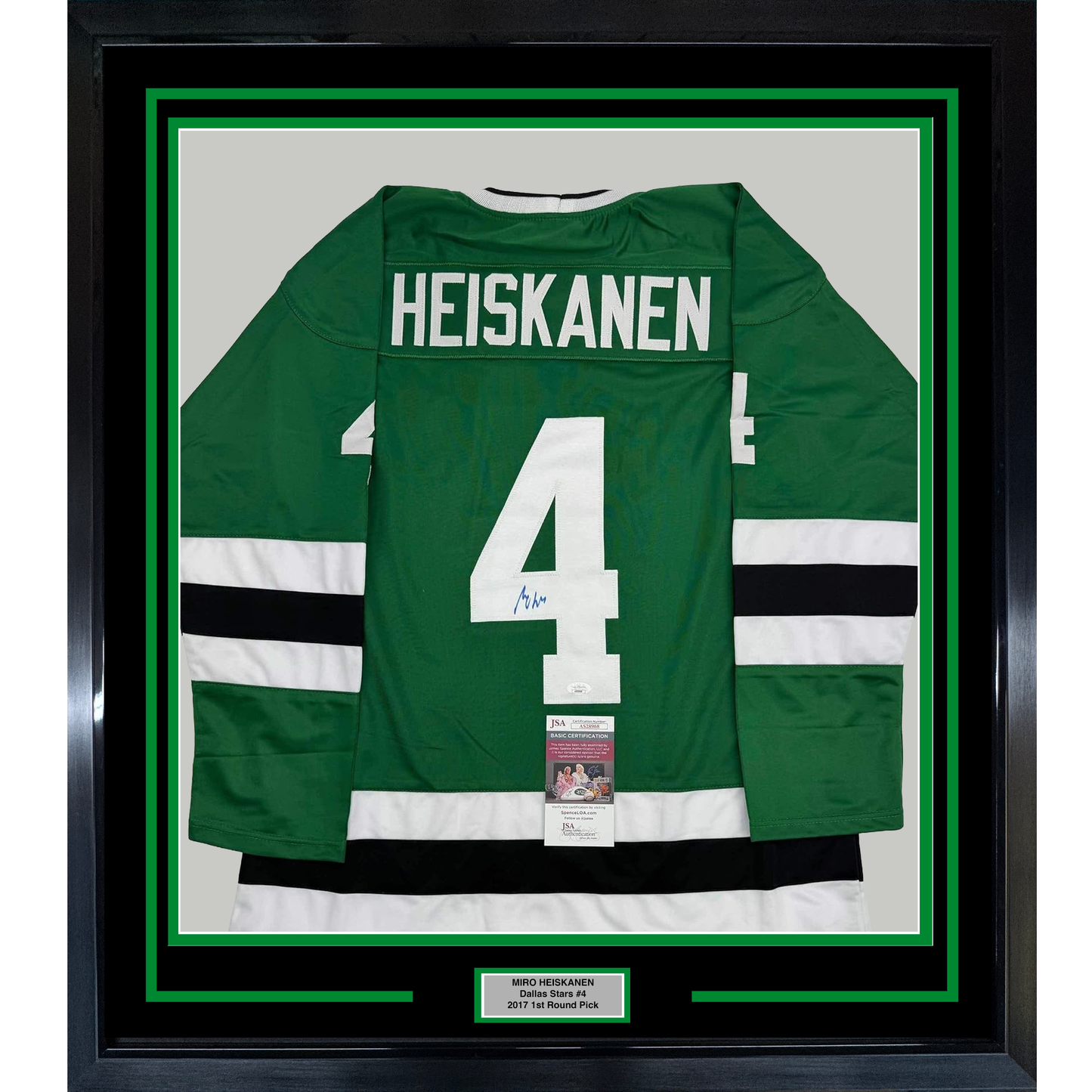 Framed Autographed/Signed Miro Heiskanen 35x39 Dallas Green Retro Hockey Jersey JSA COA