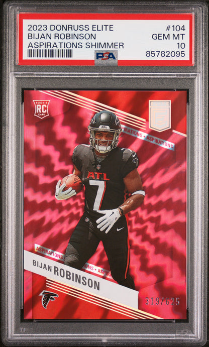 Graded 2023 Panini Donruss Elite Bijan Robinson #104 Aspirations Shimmer #/625 Rookie RC Football Card PSA 10 Gem Mint