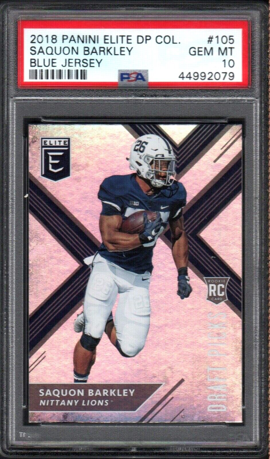 Graded 2018 Panini Elite DP Collegiate Saquon Barkley #105 Blue Jersey Rookie RC Football Card PSA 10 Gem Mint