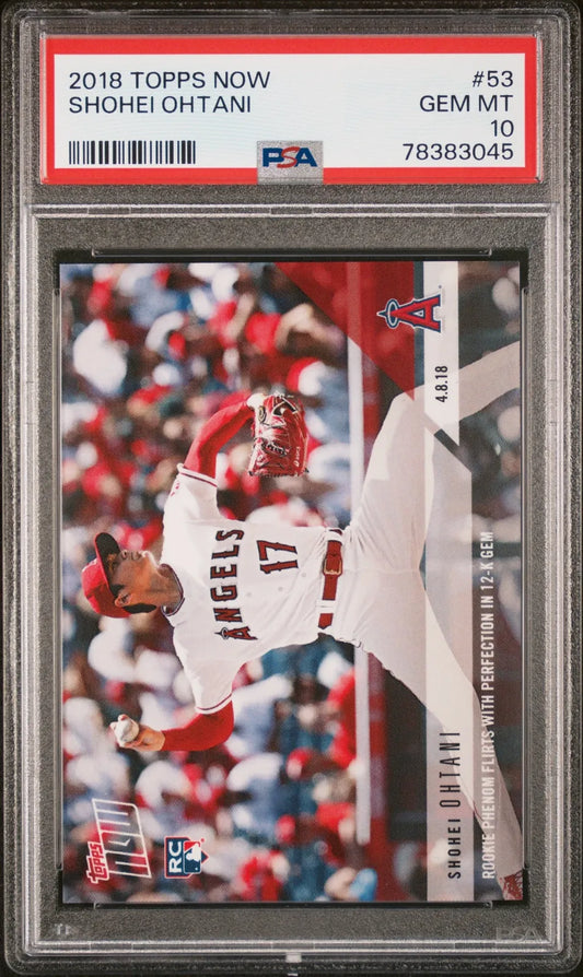 Graded 2018 Topps Now Shohei Ohtani #53 Rookie Phenom Flirts With Perfection in 12-K Gem Rookie RC Baseball Card PSA 10 Gem Mint