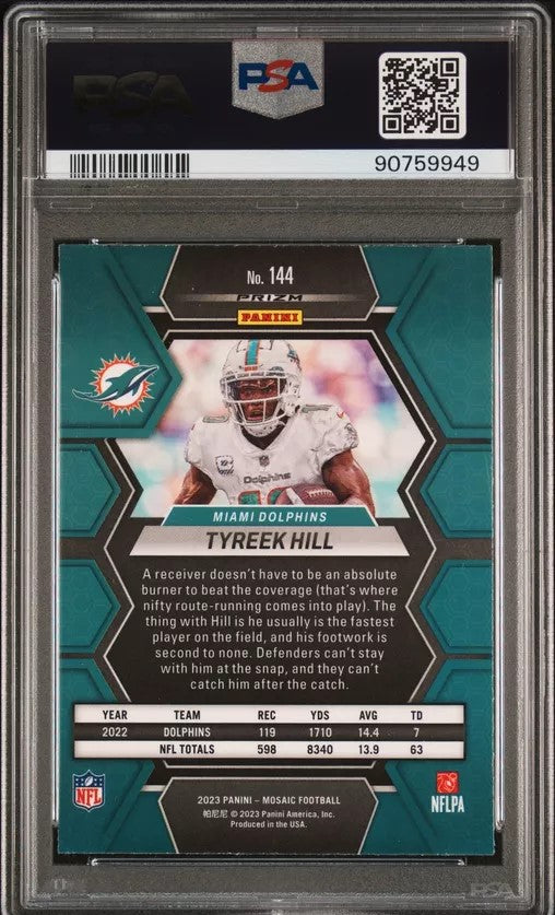 Graded 2023 Panini Mosaic Tyreek Hill #144 Reactive Blue Football Card PSA 10 Gem Mint