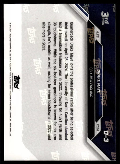 2024 Topps Now Drake Maye #D3 Rookie RC Football Card