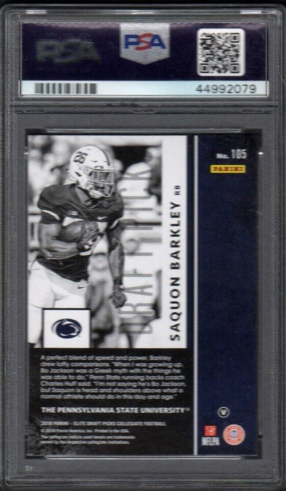 Graded 2018 Panini Elite DP Collegiate Saquon Barkley #105 Blue Jersey Rookie RC Football Card PSA 10 Gem Mint
