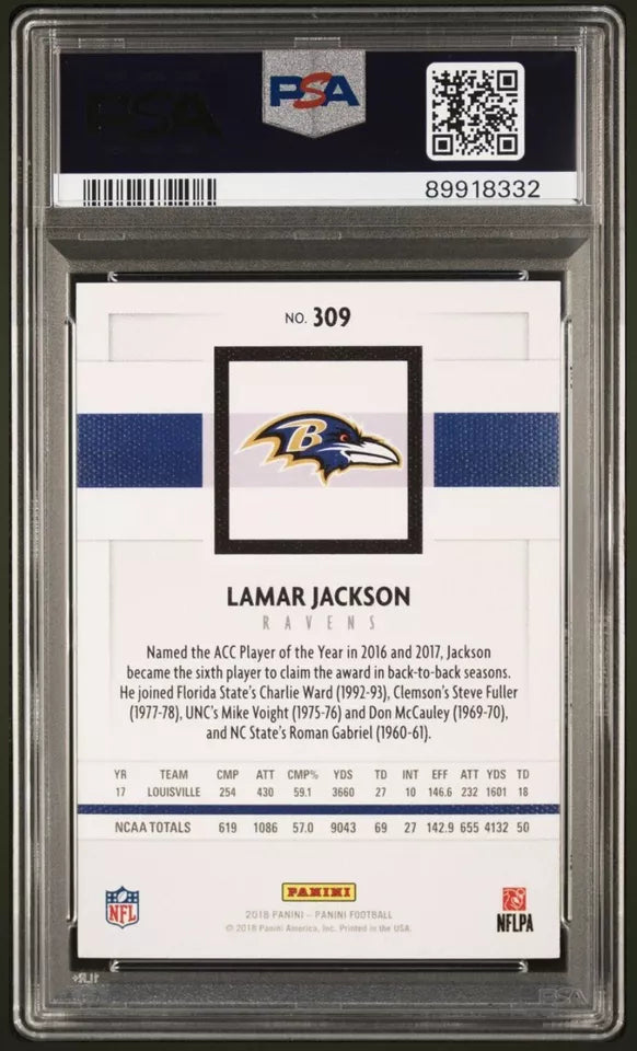 Graded 2018 Panini Lamar Jackson #309 Canvas Rookie RC Football Card PSA 9 Mint