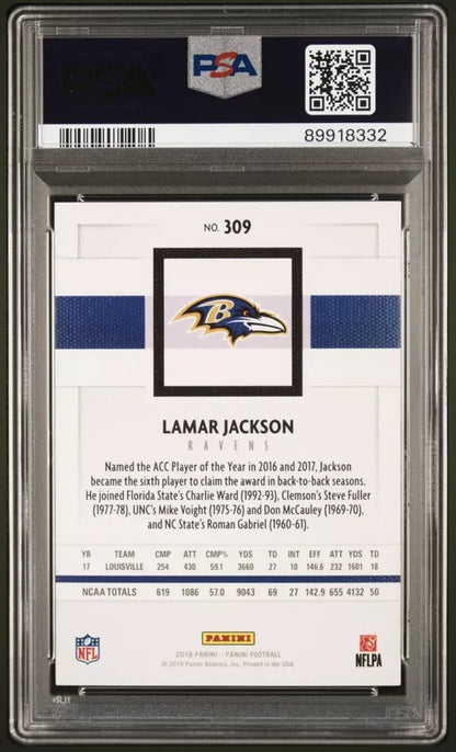 Graded 2018 Panini Lamar Jackson #309 Canvas Rookie RC Football Card PSA 9 Mint