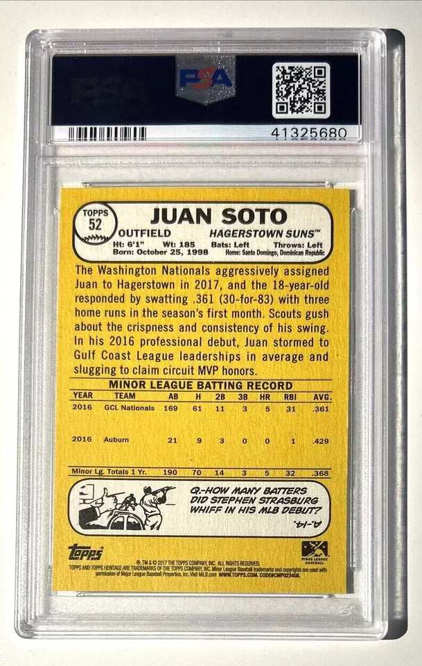 Graded 2017 Topps Heritage Juan Soto #52 Minor League Rookie RC Baseball Card PSA 10 Gem Mint