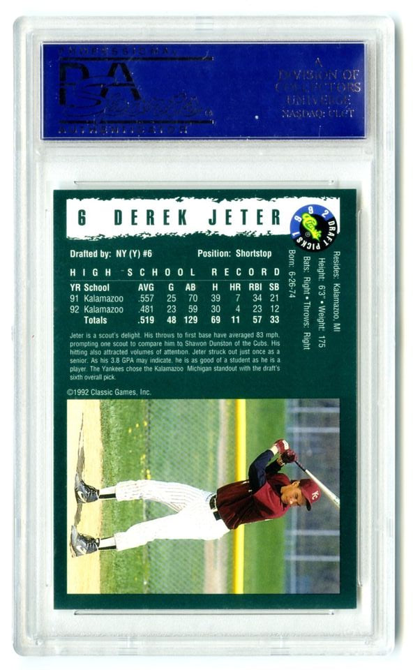 Graded 1992 Classic Derek Jeter #6 Draft Picks Rookie RC Baseball Card PSA 10 Gem Mint