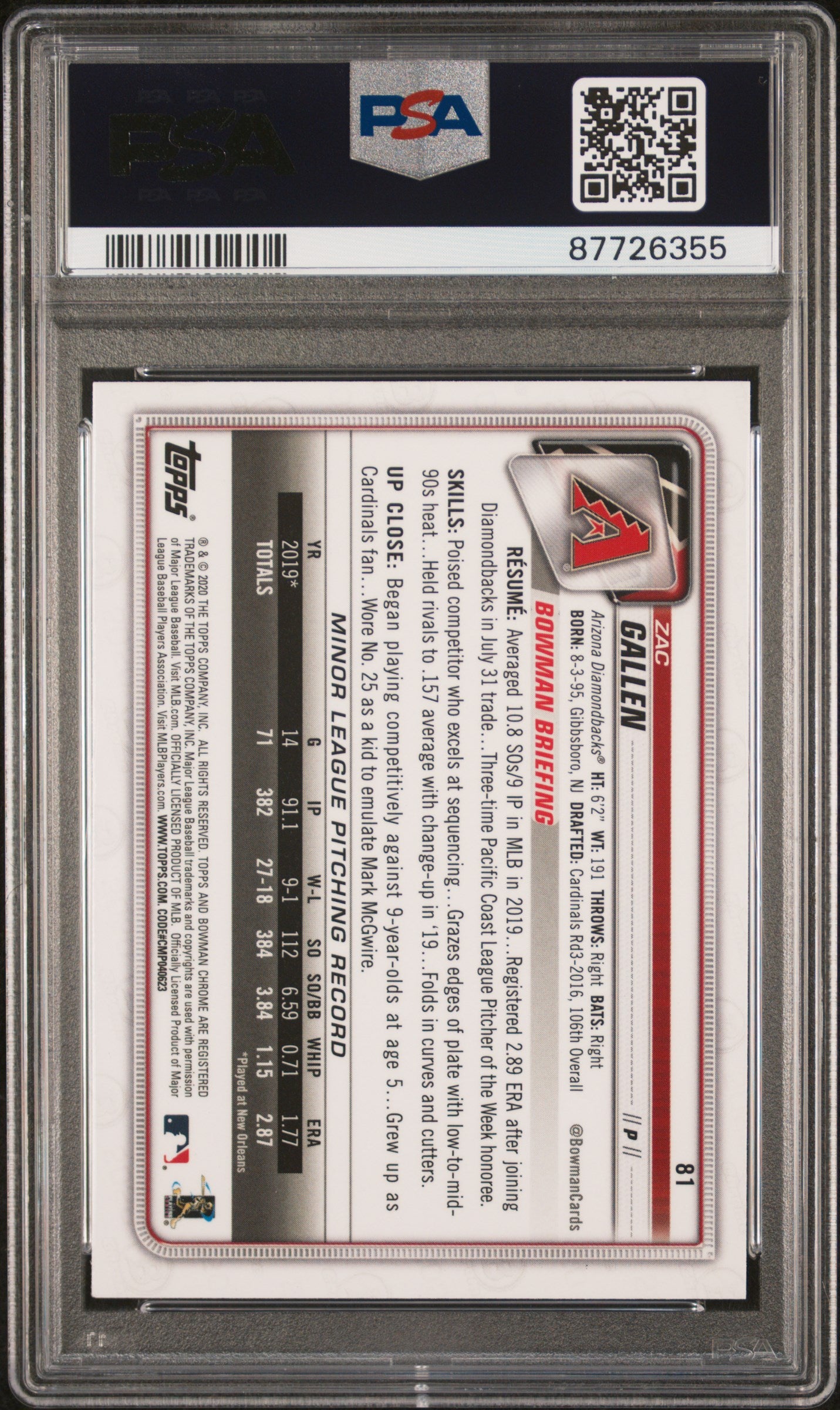Graded 2020 Topps Bowman Chrome Zac Gallen #81 Rookie RC Baseball Card PSA 10 Gem Mint