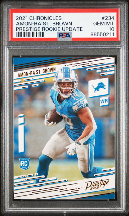 Graded 2021 Panini Chronicles Amon-Ra St. Brown #234 Prestige Rookie Update Rookie RC Football Card PSA 10 Gem Mint