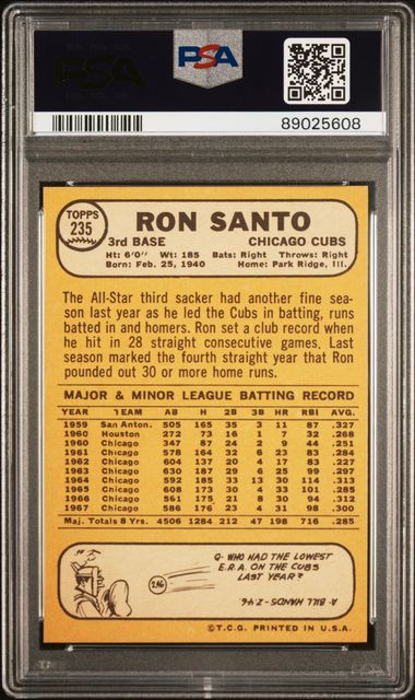 Graded 1968 Topps Ron Santo #235 Baseball Card PSA 9 Mint