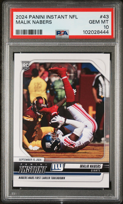 Graded 2024 Panini Instant NFL Malik Nabers #43 Rookie RC Football Card PSA 10 Gem Mint