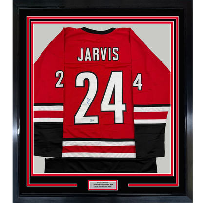 Framed Autographed/Signed Seth Jarvis 35x39 Carolina Red Hockey Jersey Beckett BAS COA