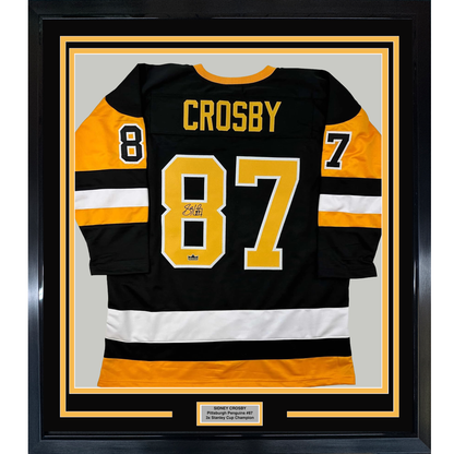 Framed Facsimile Autographed Sidney Crosby 35x39 Pittsburgh Black Reprint Laser Auto Hockey Jersey