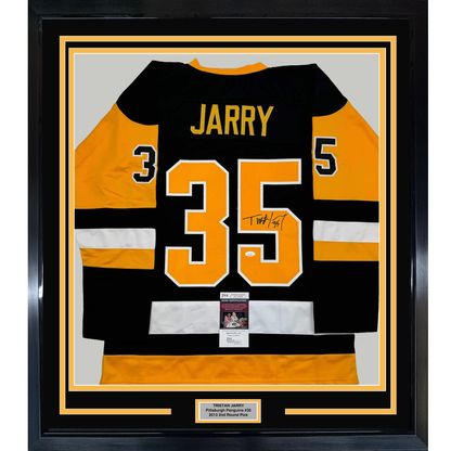 Framed Autographed/Signed Tristan Jarry 35x39 Pittsburgh Black Hockey Jersey JSA COA