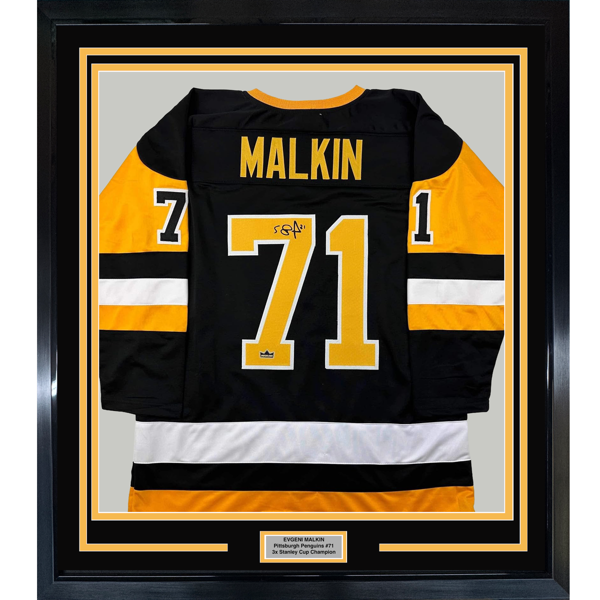 Framed Facsimile Autographed Evgeni Malkin 35x39 Pittsburgh Black Reprint Laser Auto Hockey Jersey