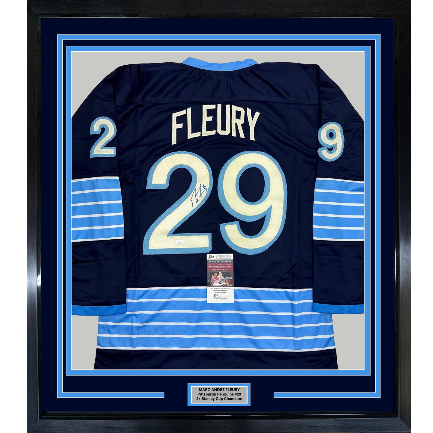 Framed Autographed/Signed Marc-Andre Fleury 35x39 Pittsburgh Blue Winter Classic Hockey Jersey JSA COA