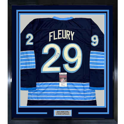 Framed Autographed/Signed Marc-Andre Fleury 35x39 Pittsburgh Blue Winter Classic Hockey Jersey JSA COA