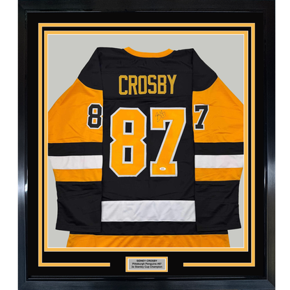 Framed Autographed/Signed Sidney Crosby 35x39 Pittsburgh Black Hockey Jersey PSA COA