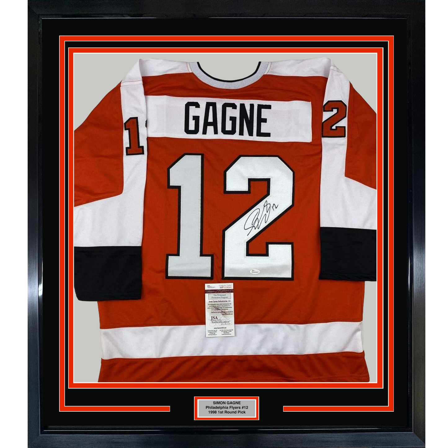 Framed Autographed/Signed Simon Gagne 35x39 Philadelphia Orange Hockey Jersey JSA COA
