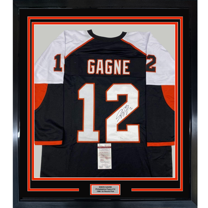 Framed Autographed/Signed Simon Gagne 35x39 Philadelphia Black Hockey Jersey JSA COA