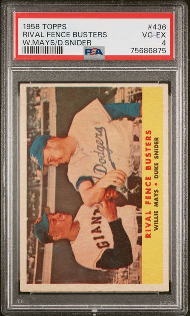 Graded 1958 Topps Rival Fence Busters Willie Mays Duke Snider #436 Baseball Card PSA 4 VG-EX