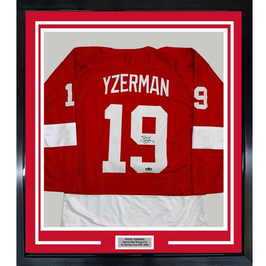 Framed Facsimile Autographed Steve Yzerman 35x39 Detroit Red Reprint Laser Auto Hockey Jersey