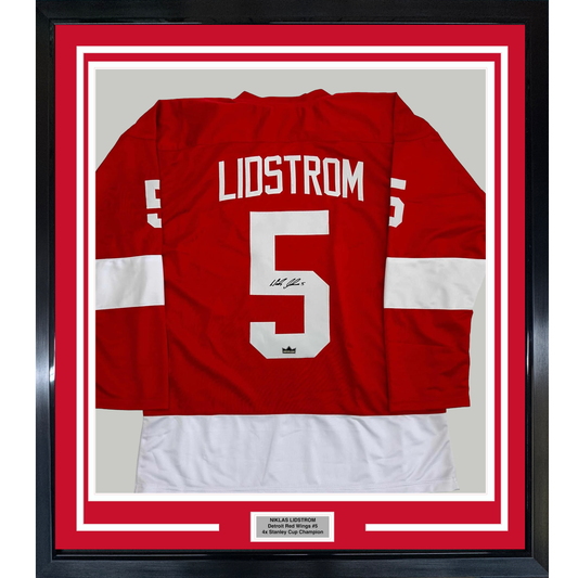 Framed Facsimile Autographed Niklas Lidstrom 35x39 Detroit Red Reprint Laser Auto Hockey Jersey