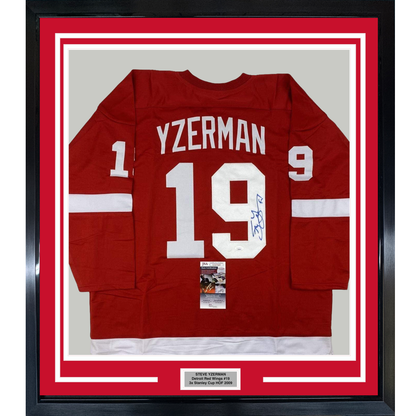 Framed Autographed/Signed Steve Yzerman 35x39 Detroit Red Hockey Jersey JSA COA