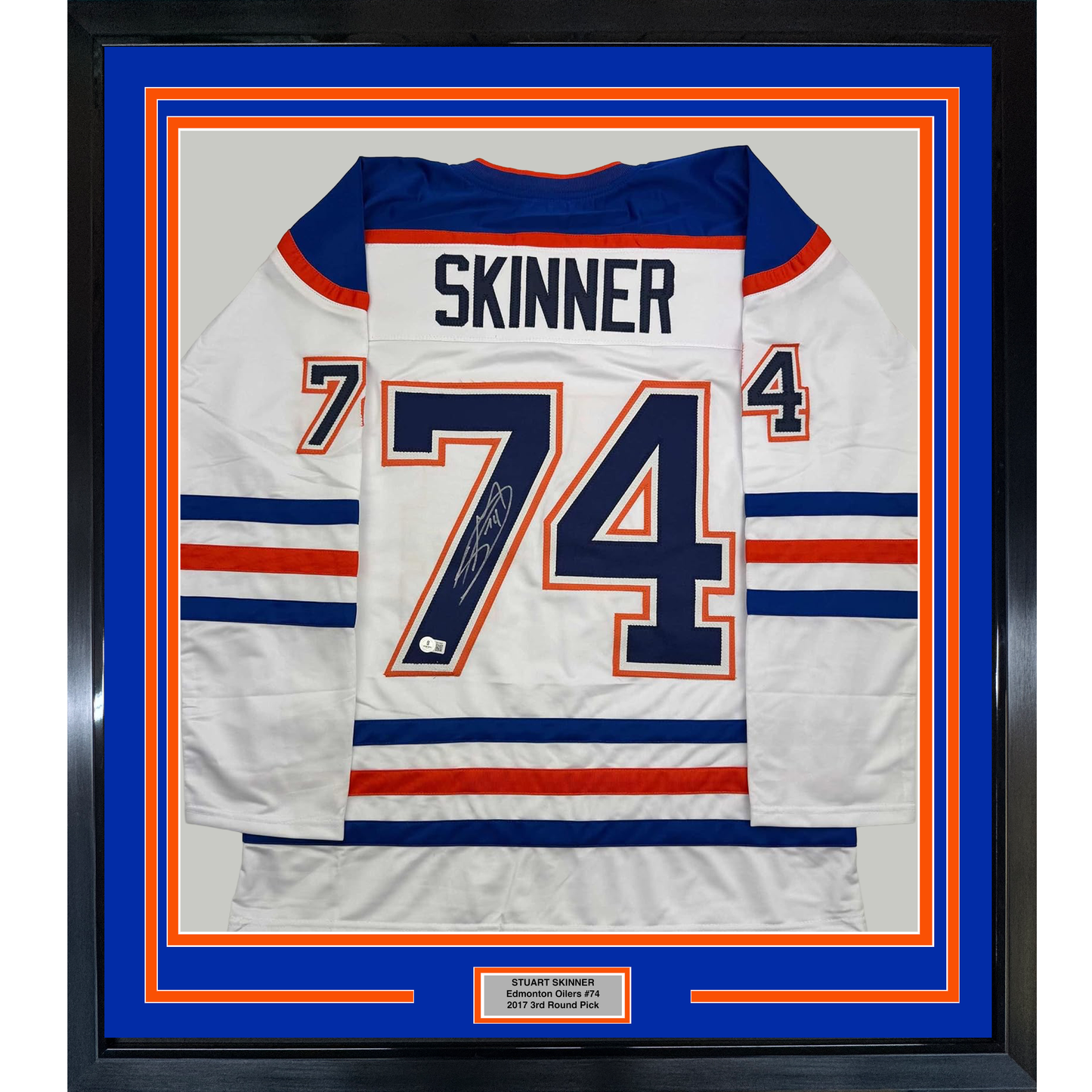 Framed Autographed/Signed Stuart Skinner 35x39 Edmonton White Hockey Jersey Beckett BAS COA