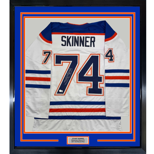 Framed Autographed/Signed Stuart Skinner 35x39 Edmonton White Hockey Jersey Beckett BAS COA