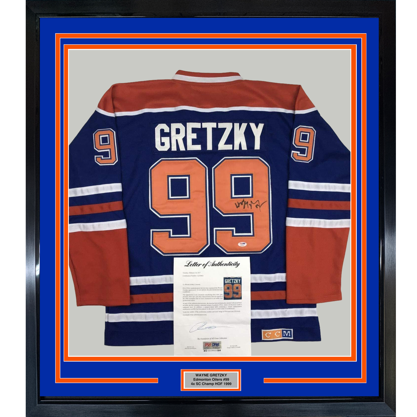 Framed Autographed/Signed Wayne Gretzky 35x39 Edmonton Blue Hockey Jersey PSA/DNA COA/LOA