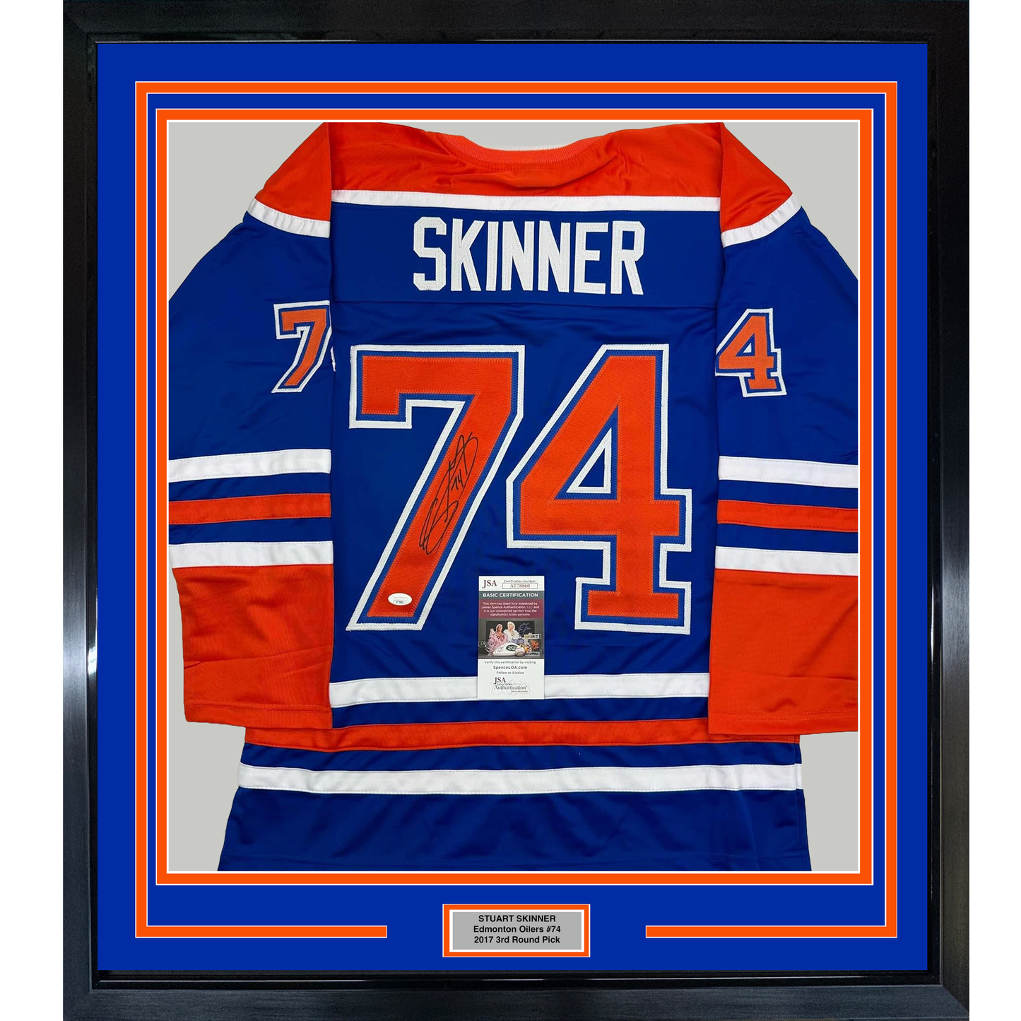 Framed Autographed/Signed Stuart Skinner 35x39 Edmonton Blue Hockey Jersey JSA COA