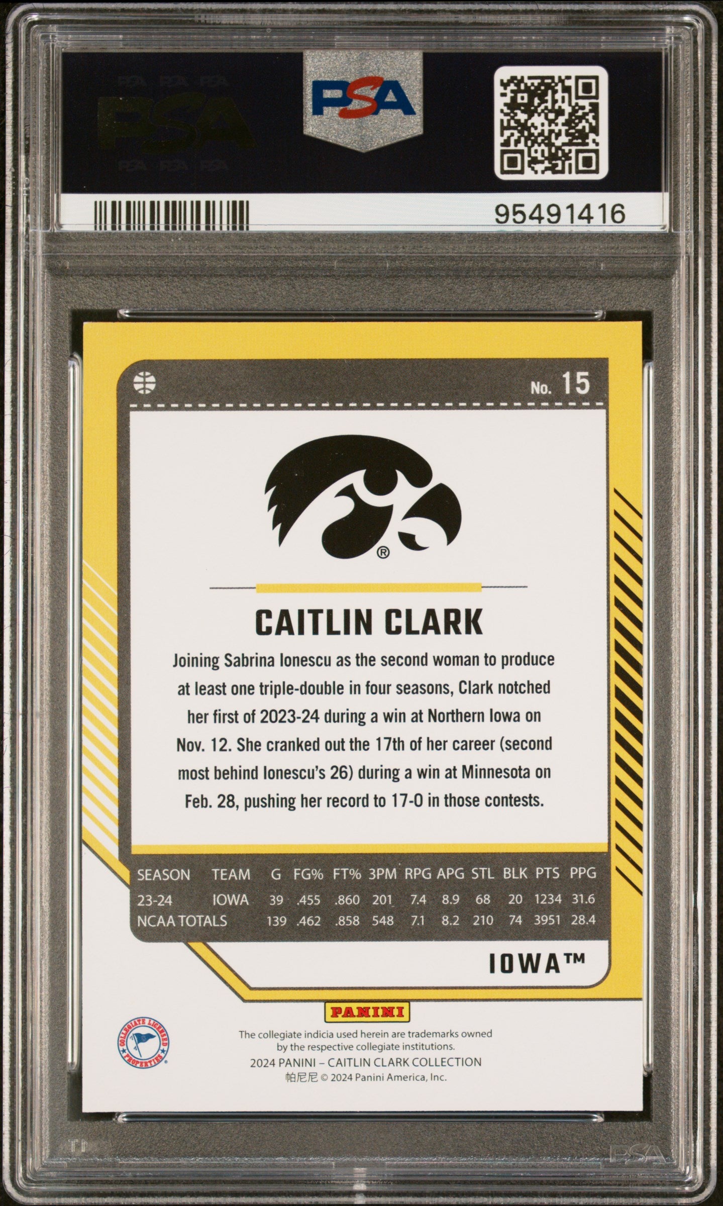 Graded 2024 Panini Caitlin Clark Collection Caitlin Clark #15 Donruss Rookie RC Basketball Card PSA 9 Mint