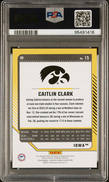 Graded 2024 Panini Caitlin Clark Collection Caitlin Clark #15 Donruss Rookie RC Basketball Card PSA 9 Mint