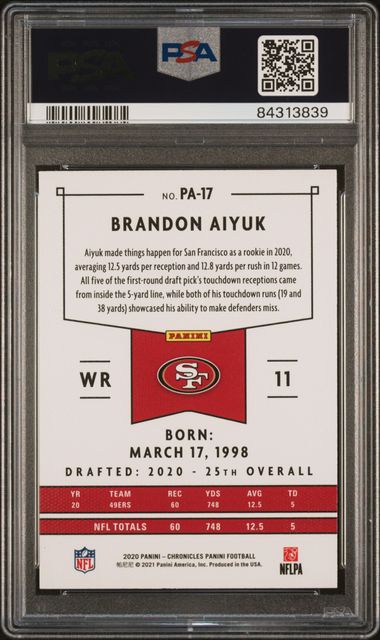 Graded 2020 Panini Chronicles Brandon Aiyuk #PA17 Panini Rookie RC Football Card PSA 10 Gem Mint