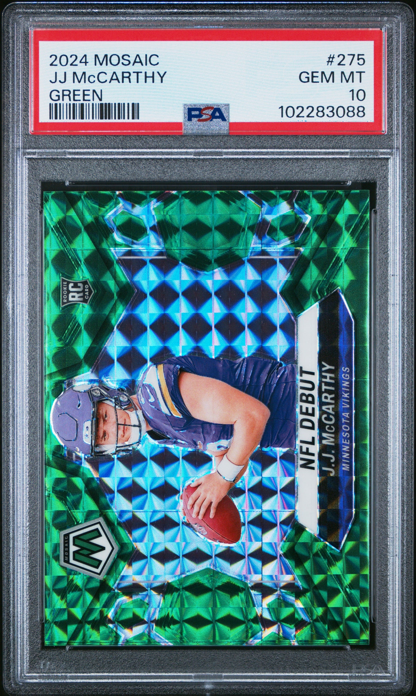 Graded 2024 Panini Mosaic JJ McCarthy #275 Green Rookie RC Football Card PSA 10 Gem Mint