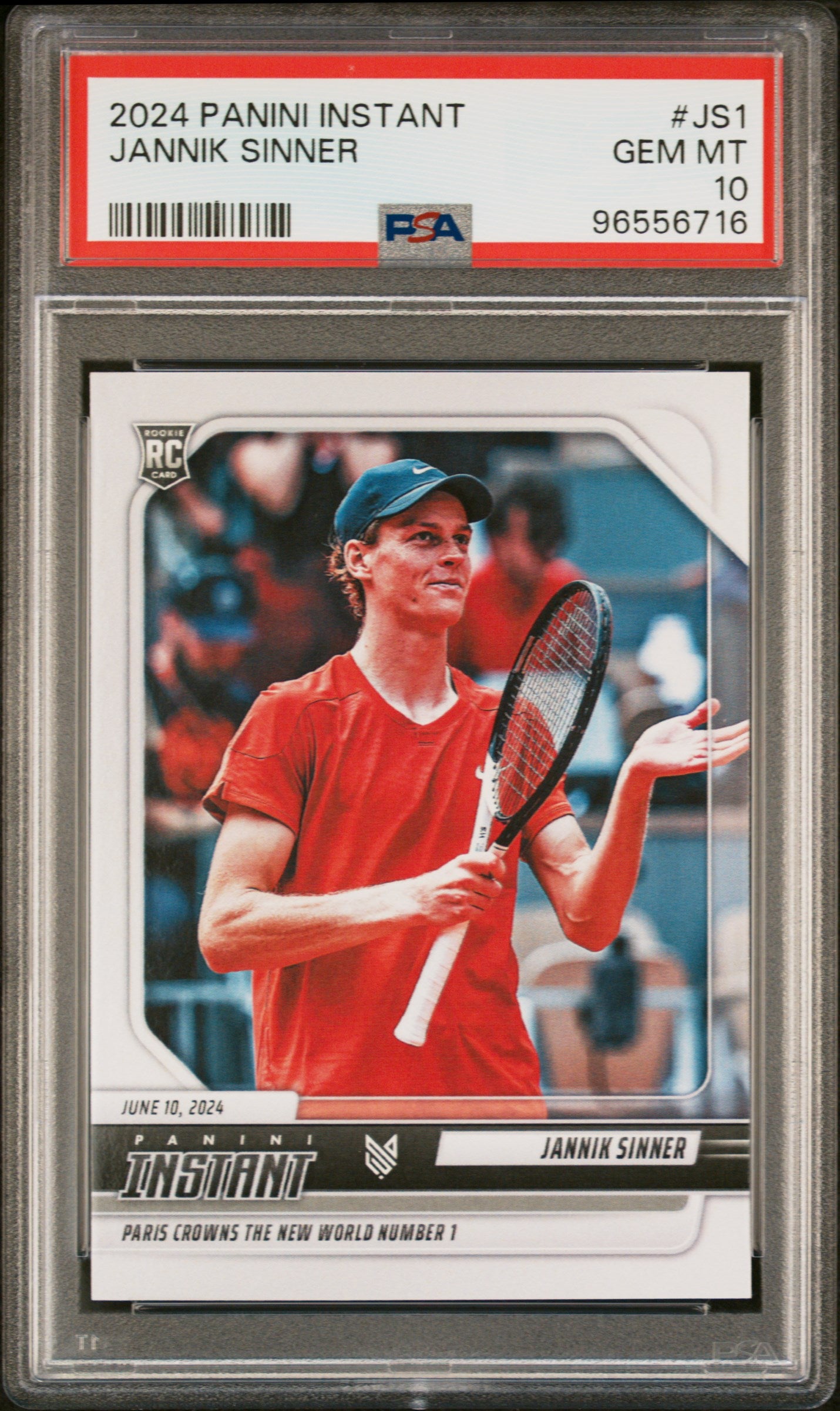 Graded 2024 Panini Instant Jannik Sinner #JS1 Paris Crowns The New World Number 1 Rookie RC Tennis Card PSA 10 Gem Mint