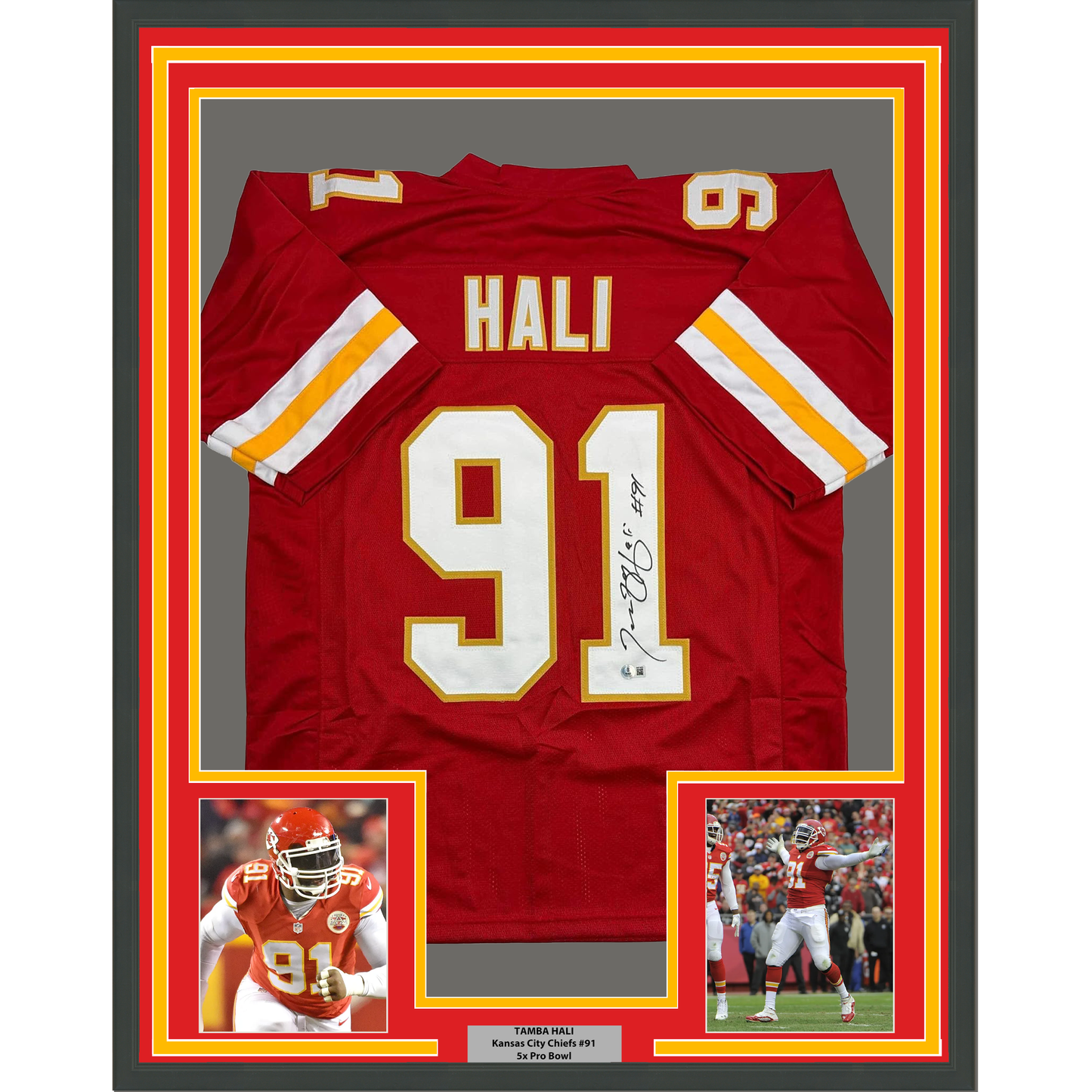 Framed Autographed/Signed Tamba Hali 35x39 Kansas City Red Football Jersey Beckett BAS COA
