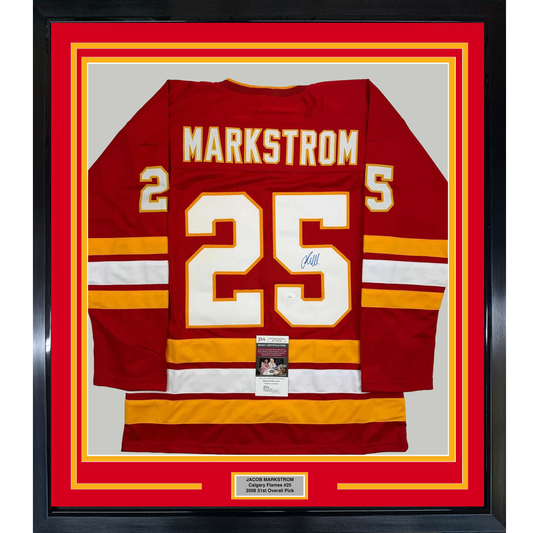 Framed Autographed/Signed Jacob Markstrom 35x39 Calgary Red Hockey Jersey JSA COA